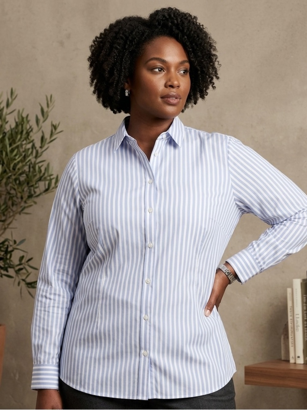 Chico's Blue and White Striped Button-Front Shirt